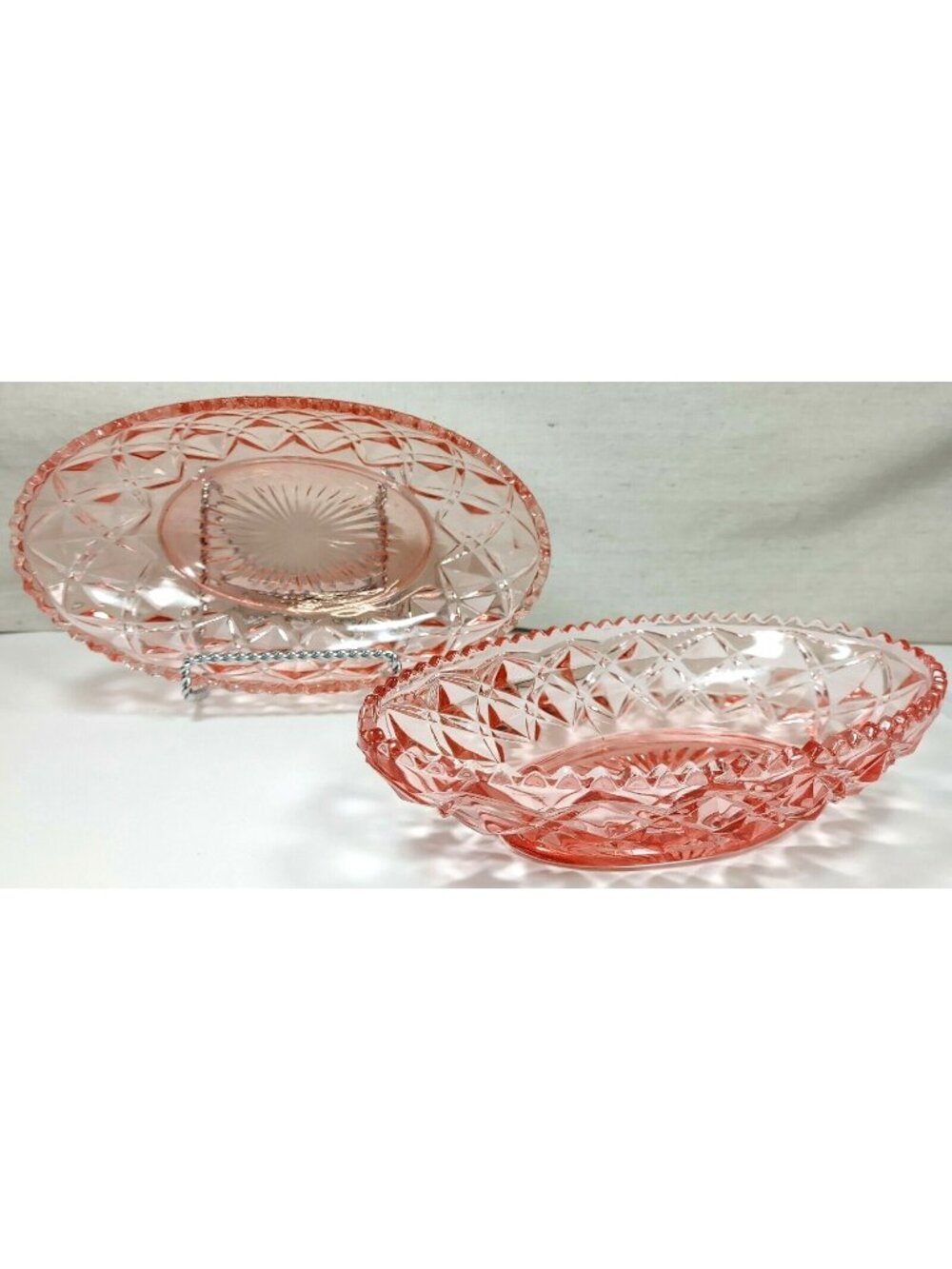 Imperial Pink Depression Glass Oval Bowls With Diamond Cut Design Set 2 Vintage